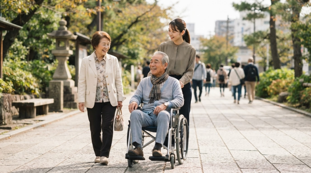 フリー介護士と旅行する高齢者夫婦