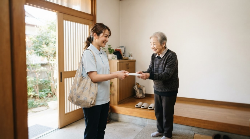 訪問介護のヘルパーに買い物代行を頼む高齢の女性