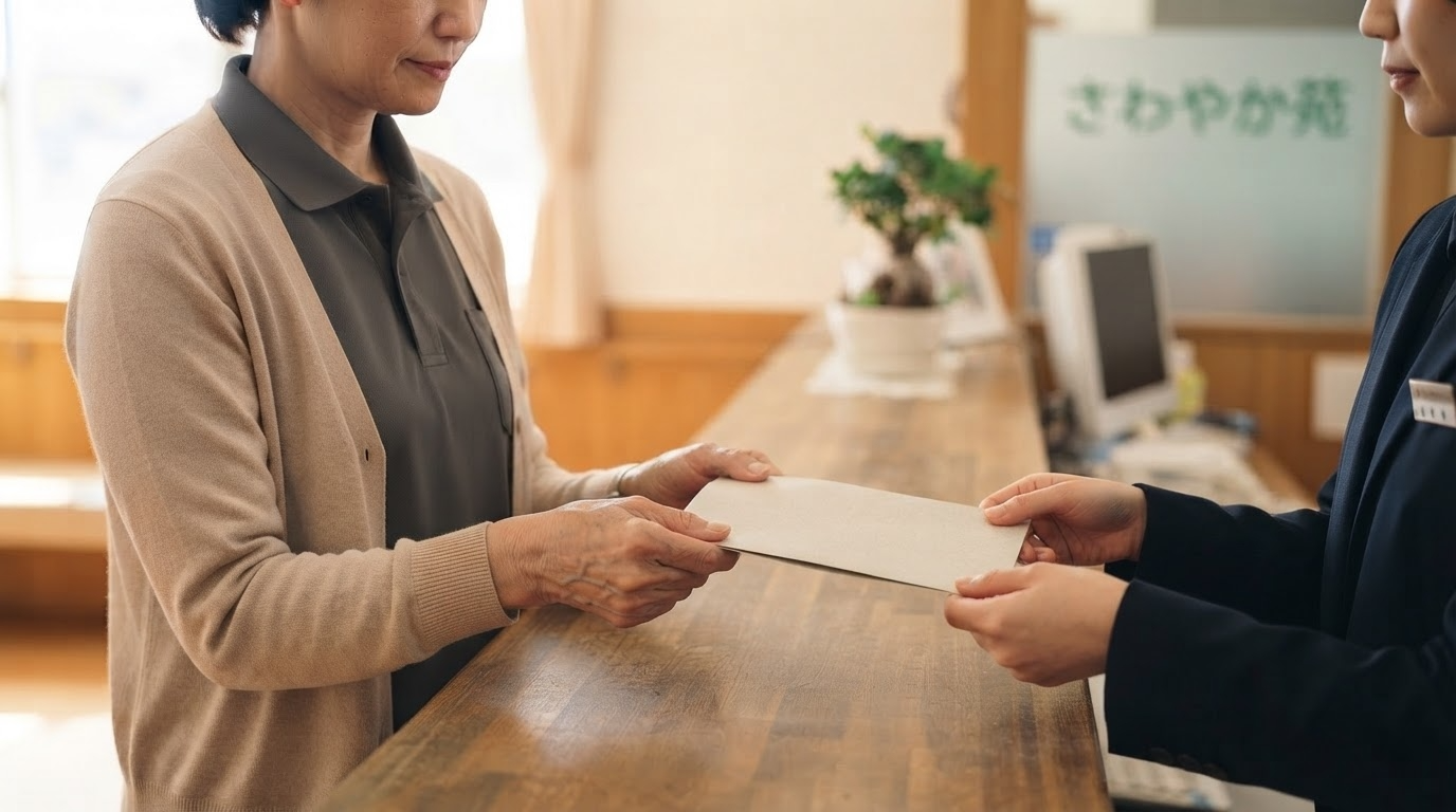 チラシを手渡すフリー介護士