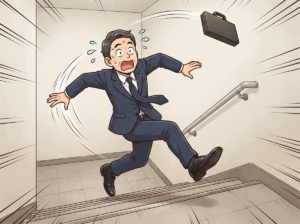 急いで階段を上り、倒れる男性