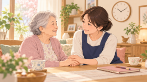 お婆さんと話をする介護士